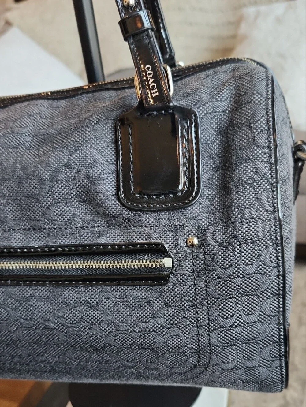 Coach Poppy Signature C Mini Oxford Satchel in dark grey and black
